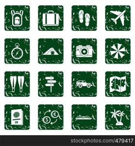 Travel icons set in grunge style green isolated vector illustration. Travel icons set grunge