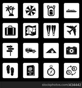 Travel icons set in white squares on black background simple style vector illustration. Travel icons set squares vector