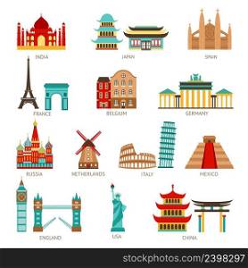 Travel icons set with world famous landmarks and buildings isolated vector illustration. Travel Icons Set