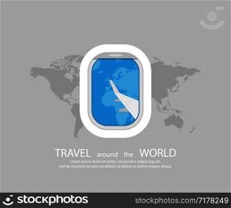 Travel illustration. Travel poster or banner. View from the airplane window. Earth map on background. Eps10. Travel illustration. Travel poster or banner. View from the airplane window. Earth map on background
