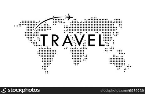 Travel illustration. World map with flying airplane. Vector on isolated white background. EPS 10.. Travel illustration. World map with flying airplane. Vector on isolated white background. EPS 10