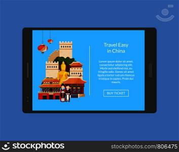 Travel in china banner on tablet. Vacation tour vector illustration. Travel in china banner on tablet