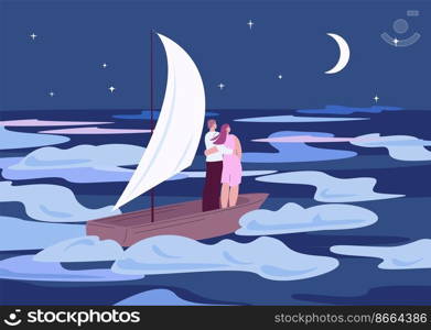 Travel in dreams. Night journey in sky, observation and explore new horizon concept. Family look at future, young adults fly in boat vector scene. Illustration of night travel landscape imagination. Travel in dreams. Night journey in sky, observation and explore new horizon concept. Family look at future, young kicky adults fly in boat vector imagination scene