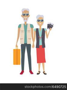Travel in Old Age. Travel in old age vector concept. Flat design. Elderly couple with baggage and documents going on journey. Grandparents summer vacation. Picture for travel agency ad, recreation retired illustrating.