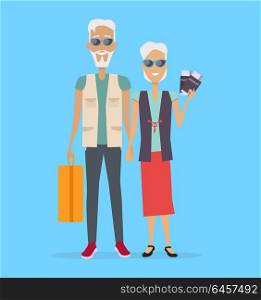 Travel in Old Age Vector Concept in Flat Design.. Travel in old age vector concept. Flat design. Elderly couple with baggage and documents going on journey. Grandparents summer vacation. Picture for travel agency ad, recreation retired illustrating.