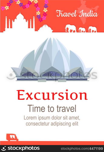 Travel India Conceptual Poster. Travel India conceptual poster in flat style design. Summer vacation in exotic countries illustration. Journey to India vector template. Excursions to famous historical attractions concept.