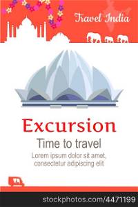 Travel India Conceptual Poster. Travel India conceptual poster in flat style design. Summer vacation in exotic countries illustration. Journey to India vector template. Excursions to famous historical attractions concept.