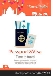 Travel India Conceptual Poster. Travel India conceptual poster in flat style design. Summer vacation in exotic countries illustration. Journey to India vector template. Traveller documents concept.