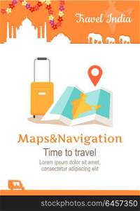 Travel India Conceptual Poster. Travel India conceptual poster in flat style design. Summer vacation in exotic countries illustration. Journey to India vector template. Maps and navigation in a foreign country concept.