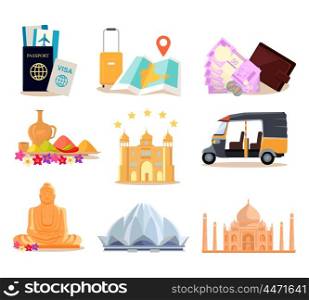 Travel India illustration in flat style design. Summer vacation in exotic countries concept. Taveler documents, money, buildings, food, transport, hotel, navigation, monuments vector icons.