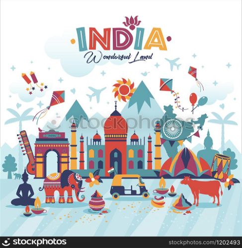Travel India panorama background illustration. Travel illustration of India panorama vector background