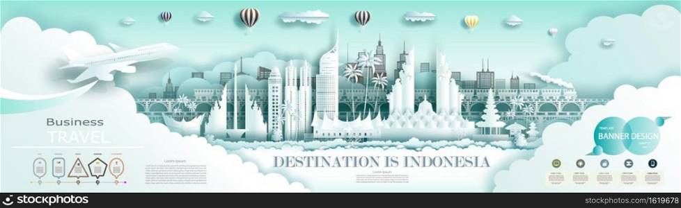 Travel Indonesia top world famous city ancient and palace architecture. Modern business brochure design for advertising with infographics.Tour jakarta landmark of Asia with Indonesia flag background.