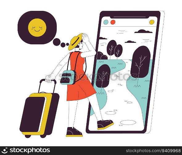 Travel influencer going on vacation flat line concept vector spot illustration. Travel blogger woman 2D cartoon outline character on white for web UI design. Editable isolated colorful hero image. Travel influencer going on vacation flat line concept vector spot illustration