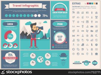 Travel infographic template and elements. The template includes illustrations of hipster men and huge awesome set of thin line icons. Modern minimalistic flat vector design.. Travel flat design Infographic Template