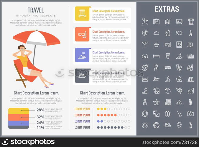 Travel infographic template, elements and icons. Infograph includes customizable graphs, charts, line icon set with tourist attraction, luggage cart, travel planning, holiday vacation, traveler etc.. Travel infographic template, elements and icons.