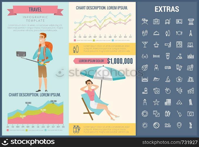 Travel infographic template, elements and icons. Infograph includes customizable graphs, charts, line icon set with tourist attraction, luggage cart, travel planning, holiday vacation, traveler etc.. Travel infographic template, elements and icons.