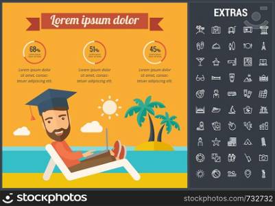 Travel infographic template, elements and icons. Infograph includes customizable graphs, charts, line icon set with tourist attraction, luggage cart, travel planning, holiday vacation, traveler etc.. Travel infographic template, elements and icons.