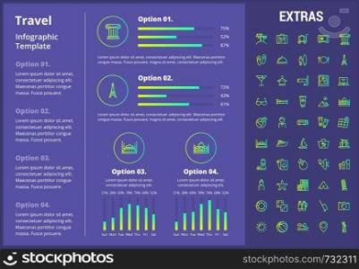 Travel infographic template, elements and icons. Infograph includes customizable graphs, four options, line icon set with tourist attraction, luggage cart, travel planning, holiday vacation etc.. Travel infographic template, elements and icons.