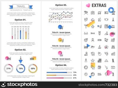 Travel infographic template, elements and icons. Infograph includes customizable graphs, four options, line icon set with tourist attraction, luggage cart, travel planning, holiday vacation etc.. Travel infographic template, elements and icons.