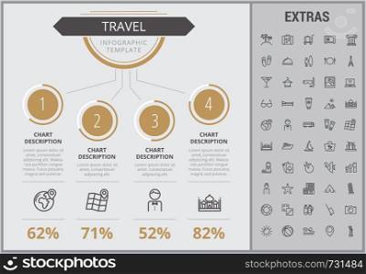 Travel infographic template, elements and icons. Infograph includes numbered customizable charts, line icon set with tourist attraction, luggage cart, travel planning, holiday vacation, traveler etc.. Travel infographic template, elements and icons.