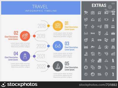 Travel infographic timeline template, elements and icons. Infograph includes numbered options with years, line icon set with tourist attraction, luggage cart, travel planning, holiday vacation etc.. Travel infographic template, elements and icons.