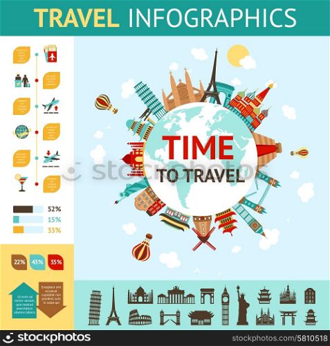 Travel infographics set with world famous landmarks and charts vector illustration. Travel Infographics Set