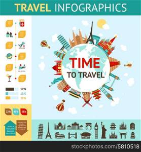 Travel infographics set with world famous landmarks and charts vector illustration. Travel Infographics Set