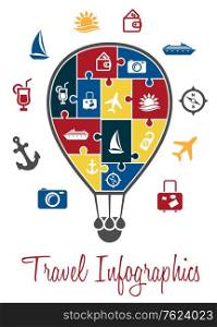 Travel infographics with a hot air balloon with the envelope decorated with intergrated travel icons which also surround the balloon. Travel infographics with a hot air balloon