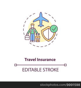 Travel insurance concept icon.Traveling during covid 19 pandemic idea thin line illustration. Necessary security measures. Vector isolated outline RGB color drawing. Editable stroke. Travel insurance concept icon