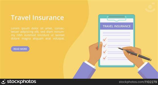 Travel insurance policy on clipboard with hands landing page concept. Online service for trip insurance quotes yellow web page with flat man hands, filing travel policy check list form on clipboard. Landing travel insurance on clipboard with hands