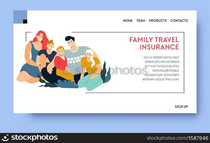 Travel insurance service, protection from danger, providing security landing web page template vector. Policy and family, safe vacation, accident prevention. Medical treatment and financial payment. Family travel insurance, providing security landing web page template