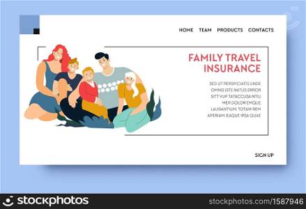 Travel insurance service, protection from danger, providing security landing web page template vector. Policy and family, safe vacation, accident prevention. Medical treatment and financial payment. Family travel insurance, providing security landing web page template