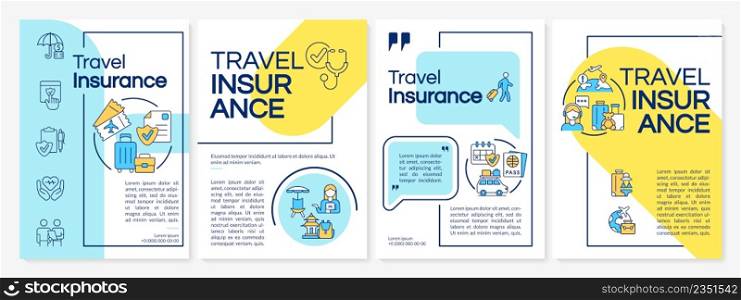 Travel insurance turquoise blue and yellow template. Tourist coverage. Leaflet design with linear icons. 4 vector layouts for presentation, annual reports. Questrial, Regular fonts used. Travel insurance turquoise blue and yellow template