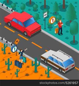 Travel Isometric Composition. Travel isometric composition with people catching car baggage road trees and cactus vector illustration