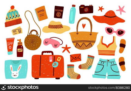 Travel items. Beach bags, touristic clothes and luggage. Vacation preparing. Summer holiday accessories. Passport and tickets. Sunscreen cream. Flip flops and hats. Comfort voyages. Classy vector set. Travel items. Beach bags, touristic clothes and luggage. Vacation preparing. Summer holiday accessories. Passport and tickets. Comfort voyages. Flip flops and hats. Classy vector set
