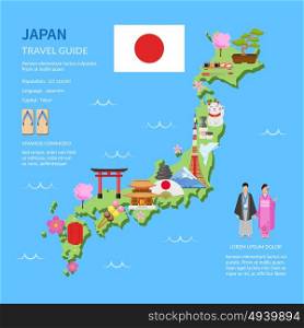 Travel Japan Guide Flat Map Poster . Japan for travelers map with cultural symbols and landmarks flat poster with infographic elements abstract vector illustration