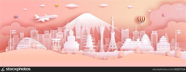 Travel Japan top world famous castle ancient architecture and palace. Modern business brochure design on pink color background.Tour tokyo landmark of asia with paper origami, Vector illustration.
