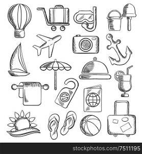 Travel, journey and leisure sketch icons with airplane, luggage and passport, sun and sea, hotel service and sailboat, anchor and cocktail, beach umbrella and toys, camera and diving mask, air balloon. Travel, journey and leisure sketch icons