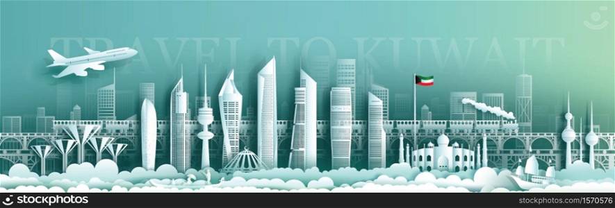 Travel Kuwait landmark with modern building, skyline, skyscraper. Tour panorama cityscape arab modern design.Travelling architecture to landmarks of asian with turquoise background.Vector illustration