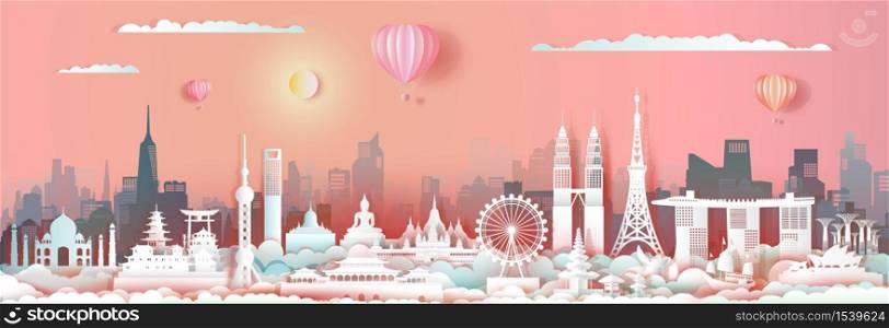 Travel landmark Asia with downtown cityscape skyline and asean tourism,Traveling landmarks city capital by balloon, Travel world to Asia, For poster and postcard, Vector illustration origami paper.