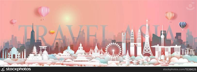 Travel landmark Asia with downtown cityscape skyline and asian tourism,Traveling landmarks city capital by balloon, Travel world to Asia, For poster and postcard, Vector illustration origami paper.