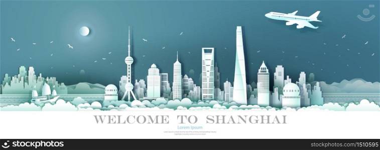 Travel Landmark China downtown Shanghai with seascape background, Tour cityscape skyline and architecture Asian at Shanghai and modern building, Travel by airplane and sailboat, Vector illustration.
