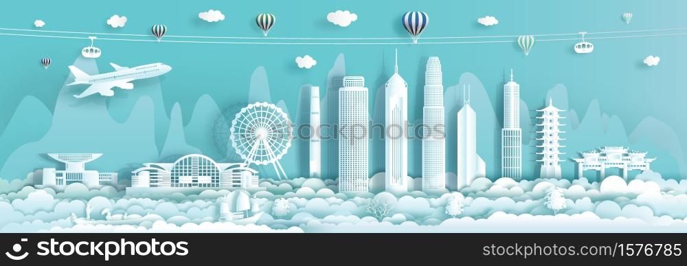 Travel Landmark downtown China Hong Kong with urban skyscraper background, Travelling cityscape skyline and architecture Asian at Hong Kong and modern building, Vector illustration panorama view.