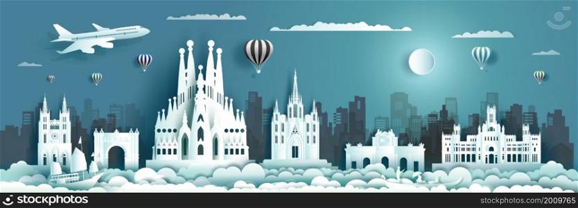 Travel landmark europe city destination ancient of Spain in barcelona, madrid and plaza. Tour landmarks ancient architecture of spanish with gondola, balloons and airplane. Vector illustration