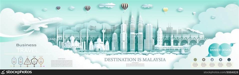 Travel landmark Malaysia top world famous city ancient and modern architecture. Modern business brochure design for advertising with infographics.Tour Malaysia landmarks of Asia with popular skyline.