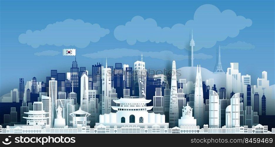 Travel landmark of Korea skyline in silhouette vector isolated cityscape panoramic architecture area, Anniversary South Korea day in seoul with Korean flag, Vector silhouette isolated style.
