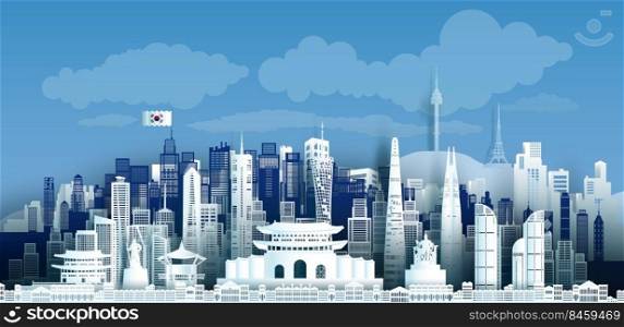 Travel landmark of Korea skyline in silhouette vector isolated cityscape panoramic architecture area, Anniversary South Korea day in seoul with Korean flag, Vector silhouette isolated style.