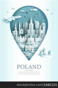 Travel landmark Poland architecture monument pin of warsaw in Poland famous with modern and ancient city building business landmarks of architecture. Vector illustration pin point symbol.