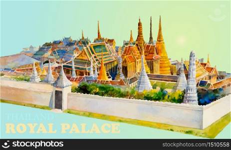 Travel landmark popular royal grand palace bangkok Thailand. Watercolor painting landscape colorful of architecture and river view. Hand drawn illustration great the best known of Thailand landmarks.