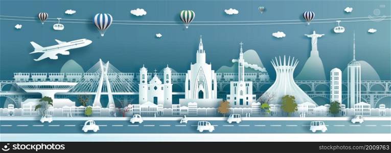 Travel landmarks Brazil architecture modern and ancient in south america, Tour landmark Brasil in rio de janeiro city with cable car and train in panorama cityscape popular capital, paper cut style.